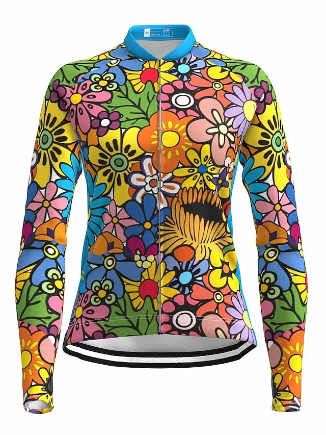 21Grams Women's Long Sleeve Cycling Jersey with Reflective Safety Strip - Rainbow Floral Design