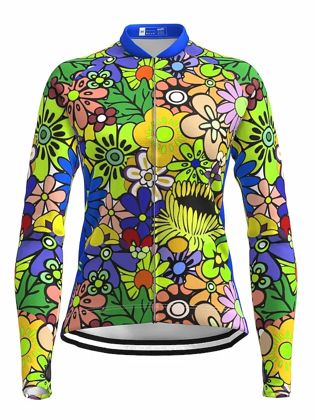 21Grams Women's Long Sleeve Cycling Jersey with Reflective Safety Strip - Rainbow Floral Design