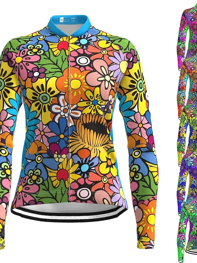 21Grams Women's Long Sleeve Cycling Jersey with Reflective Safety Strip - Rainbow Floral Design