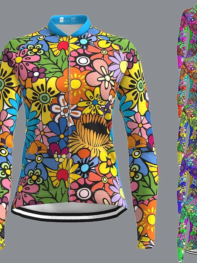 21Grams Women's Long Sleeve Cycling Jersey with Reflective Safety Strip - Rainbow Floral Design