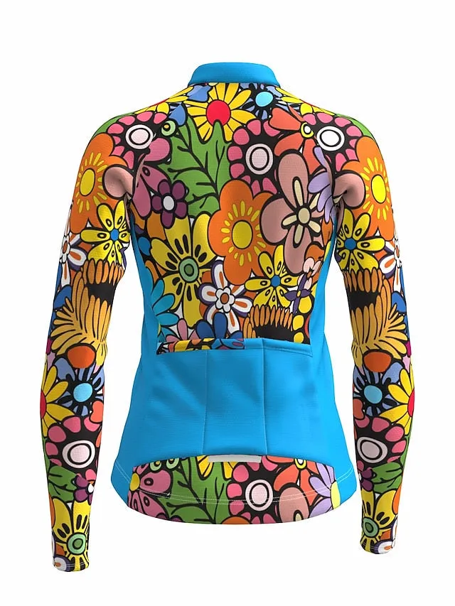 21Grams Women's Long Sleeve Cycling Jersey with Reflective Safety Strip - Rainbow Floral Design