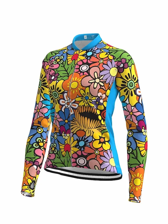 21Grams Women's Long Sleeve Cycling Jersey with Reflective Safety Strip - Rainbow Floral Design