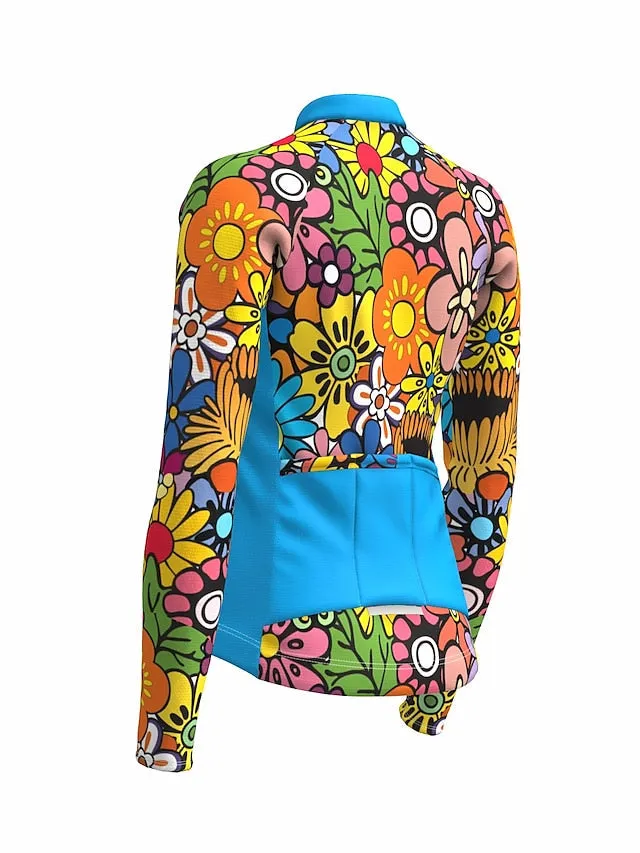 21Grams Women's Long Sleeve Cycling Jersey with Reflective Safety Strip - Rainbow Floral Design