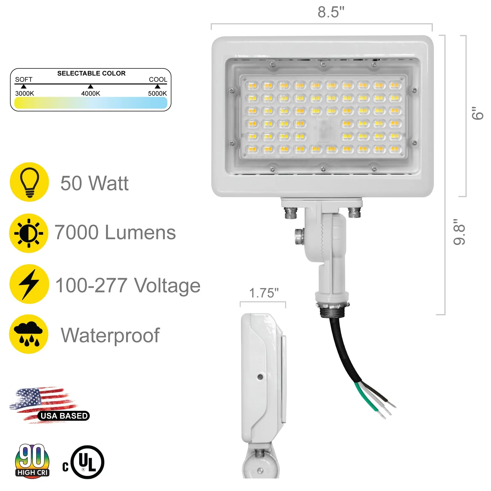 50W LED Flood Lights Outdoor Security Lighting - Waterproof - 3CCT 3000K-5000K - 7050LM - Knuckle Mount