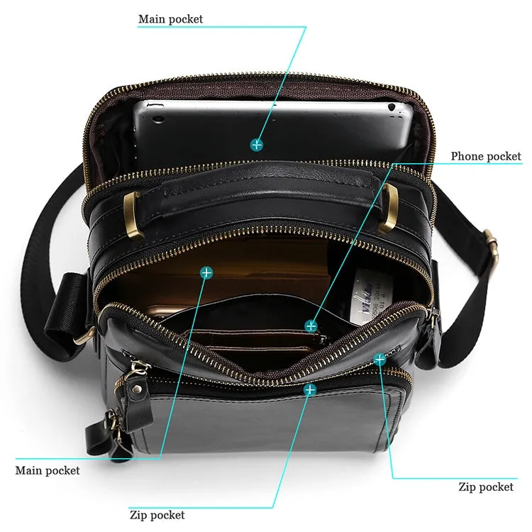 6028 Multifunctional Fashion Top-grain Leather Messenger Bag Casual Men Shoulder Bag (Black)