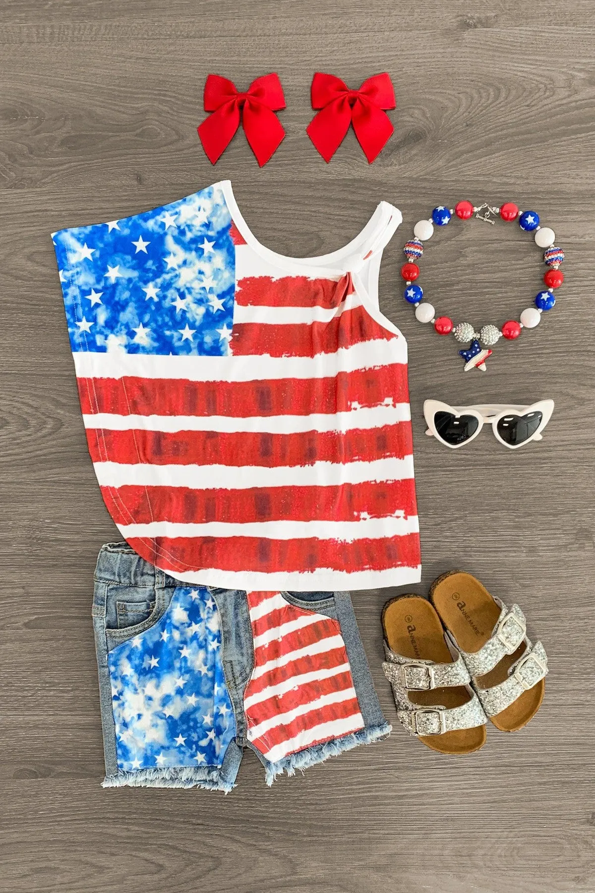 American Flag One Shoulder Denim Short Set