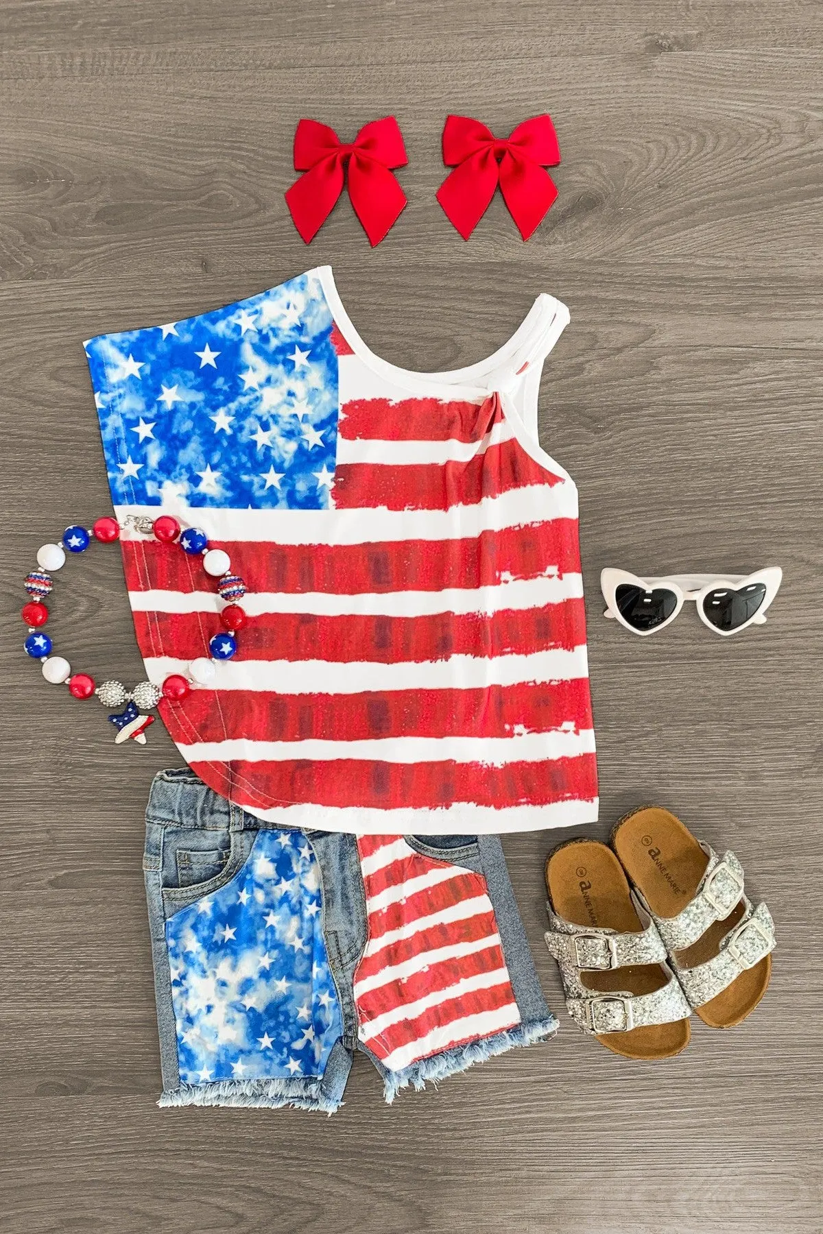 American Flag One Shoulder Denim Short Set