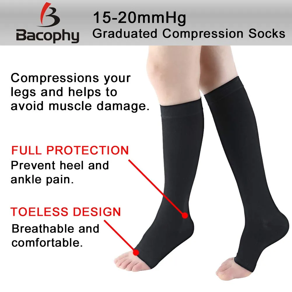 Bacophy 2 Pairs Compression Socks 15-20 mmHg Open Toe Calf Stockings Women Large-X-Large