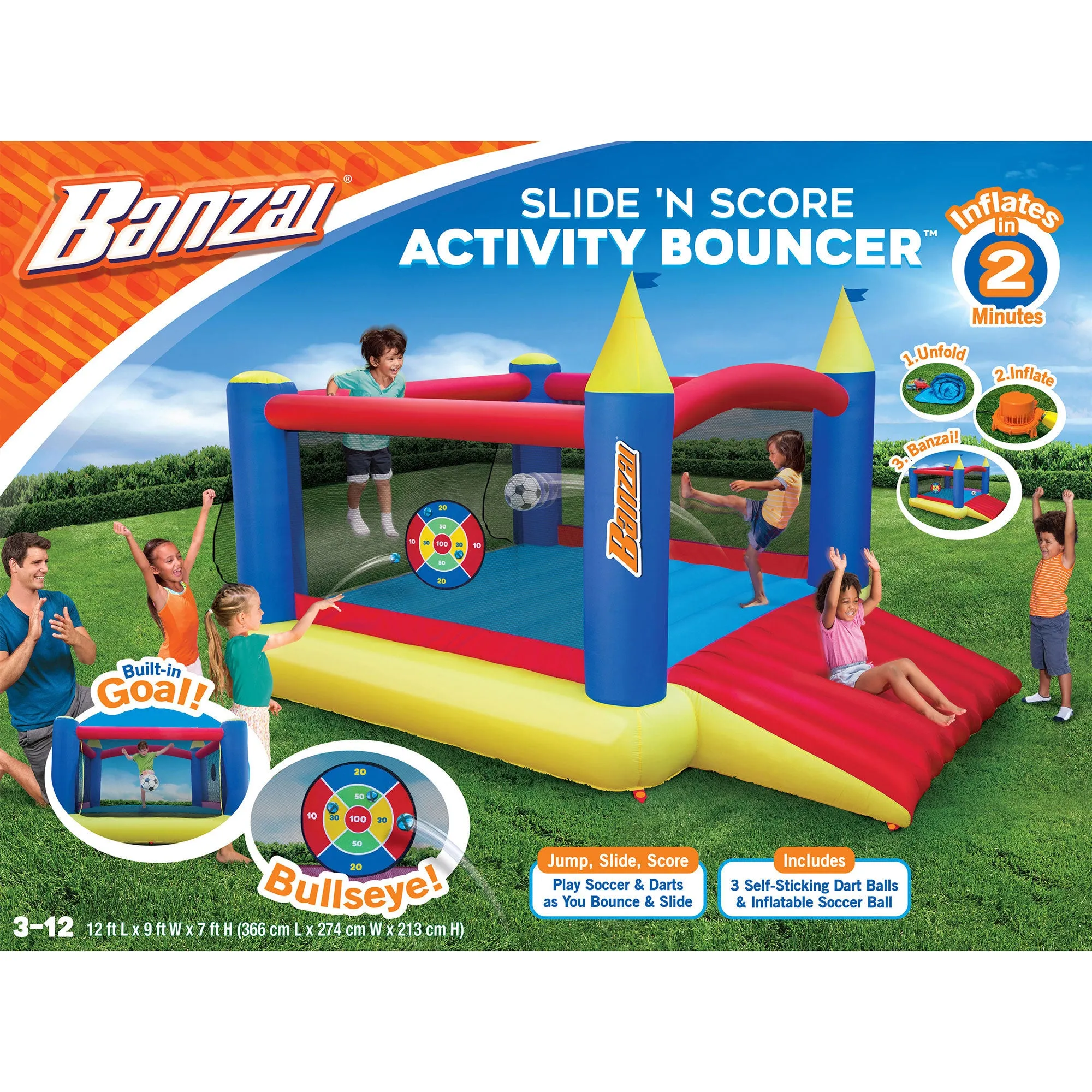 Banzai Slide 'n Score Outdoor Activity Bouncer Inflatable Bounce House w/ Games