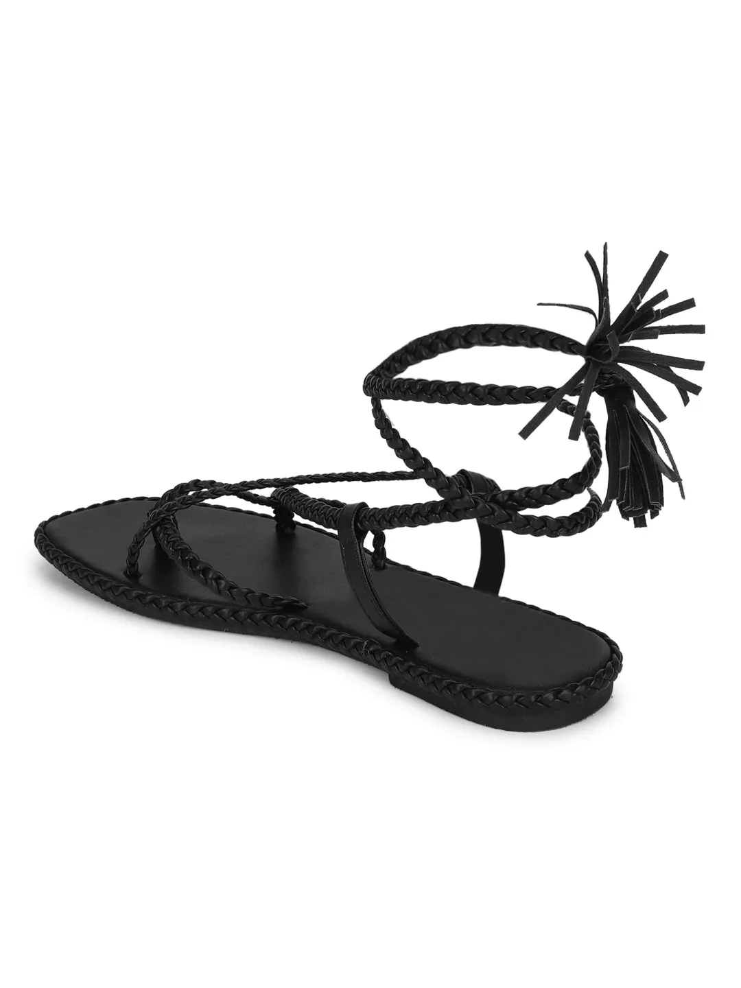 Black PU Braided Lace Up Flat Sandals (TC-ST-1212-BLK)