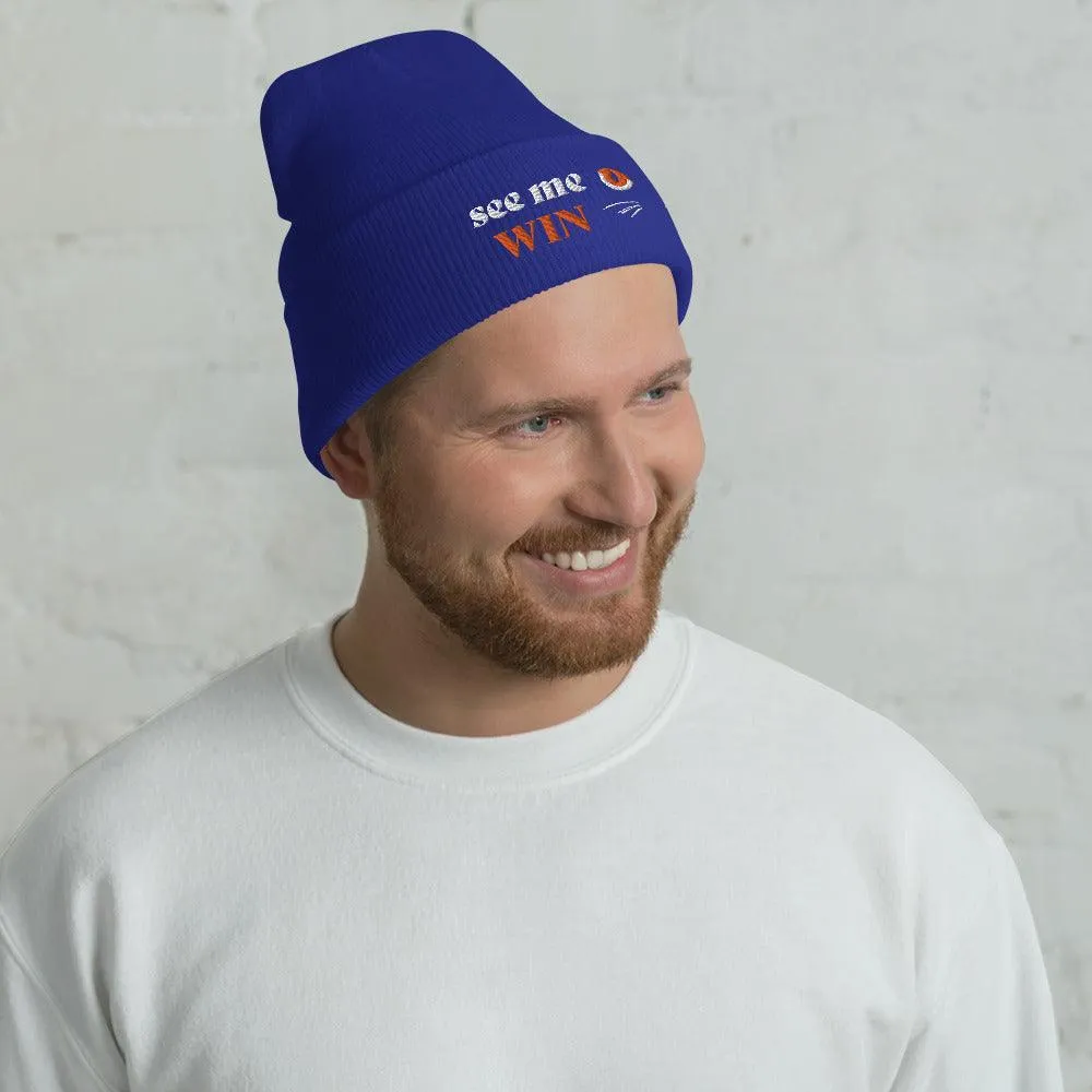 Blue Cuffed Beanie See Me Win Embroidery