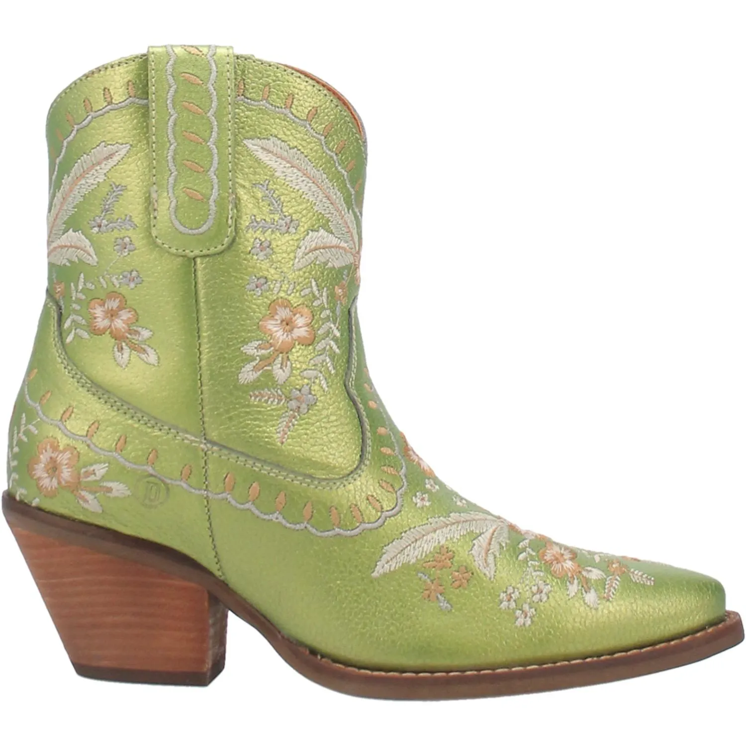 *DISCONTINUED* Dingo | Primrose Leather Floral Stitch Bootie in Green Metallic Last Chace Size 9