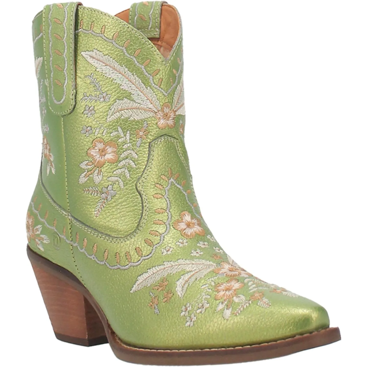 *DISCONTINUED* Dingo | Primrose Leather Floral Stitch Bootie in Green Metallic Last Chace Size 9