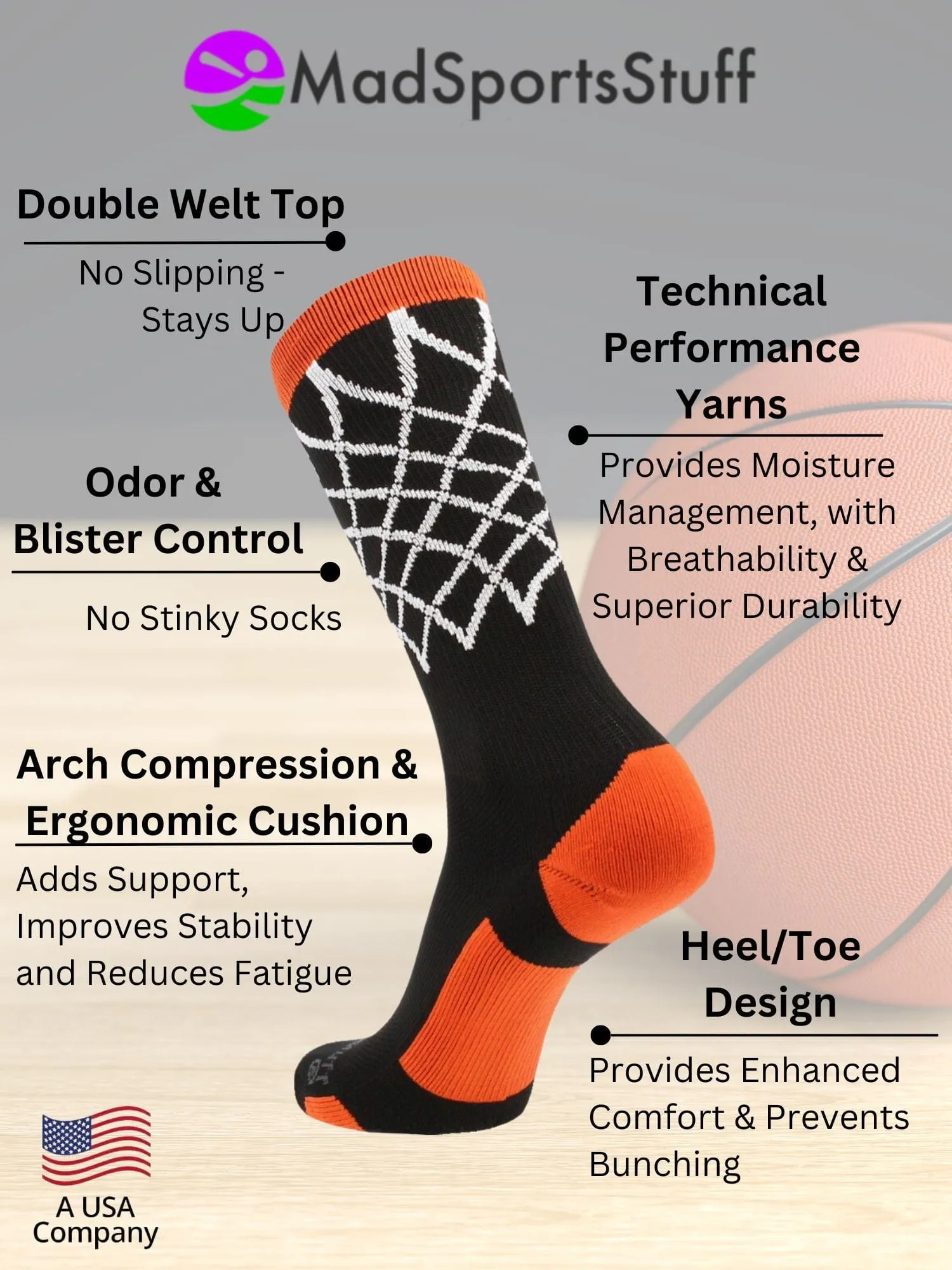 Elite Basketball Socks with Net Crew length - made in the USA