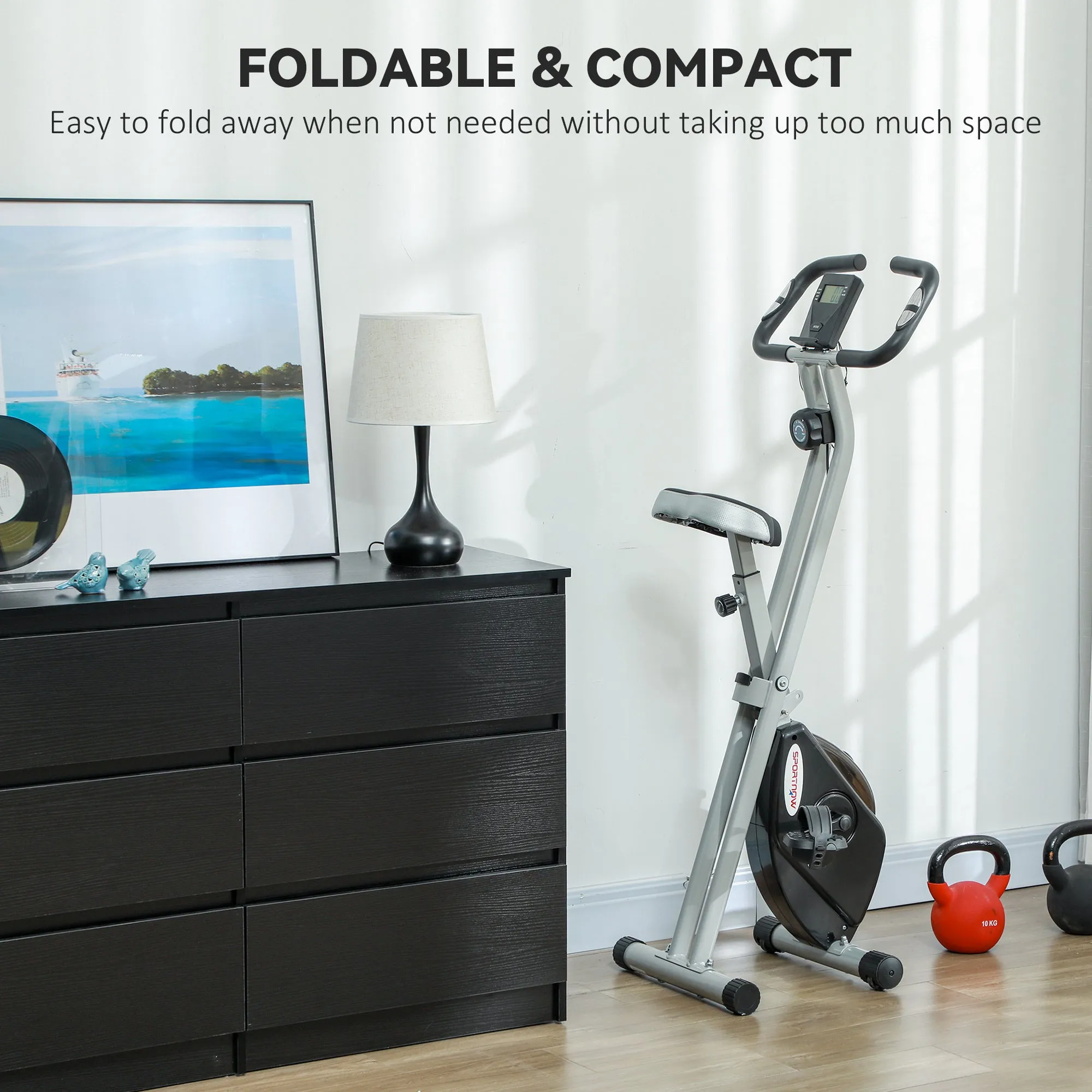 Folding Exercise Bike with Heart-Rate Sensor for Home Use, Black/Grey