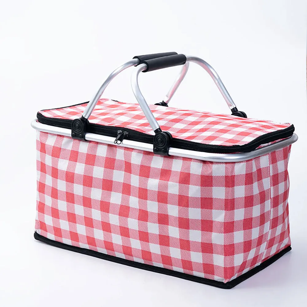 Fully Insulated Collapsible Portable Picnic Basket - Red Grid