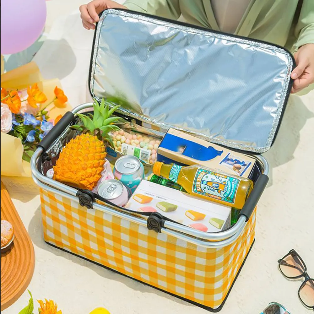 Fully Insulated Collapsible Portable Picnic Basket - Red Grid