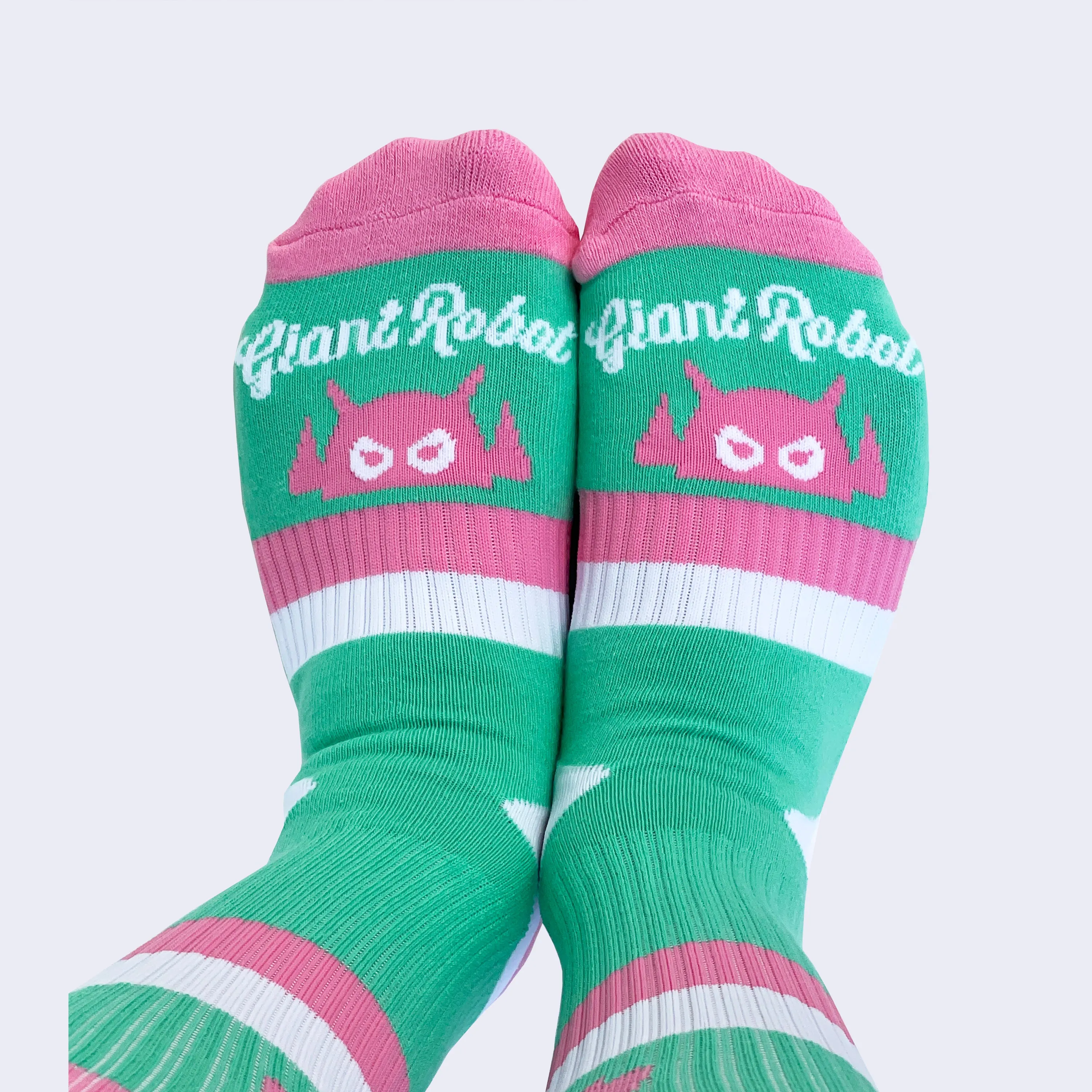 Giant Robot - Big Boss Robot Socks - Mint, Pink and White Stripes