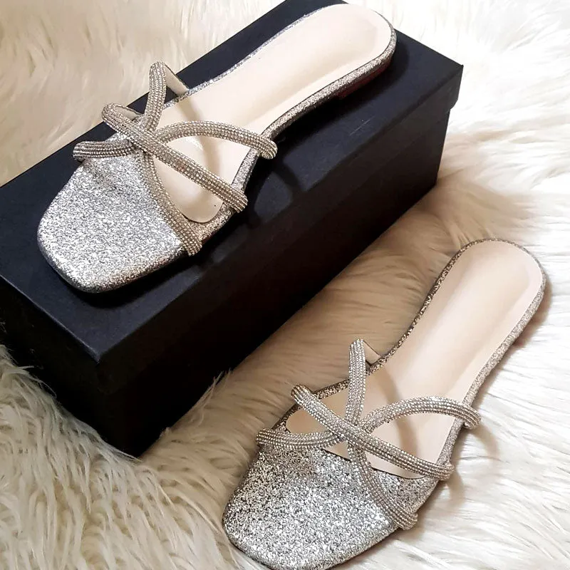 Glitter Rhinestone Flat Slipper Sandal