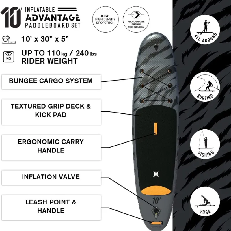 Hurley 10' Advantage Inflatable Paddle Board SUP - Black Tiger