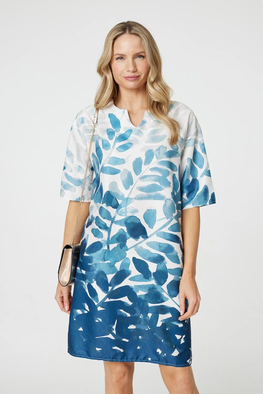 Leaf Print 3/4 Sleeve Relaxed Shift Dress