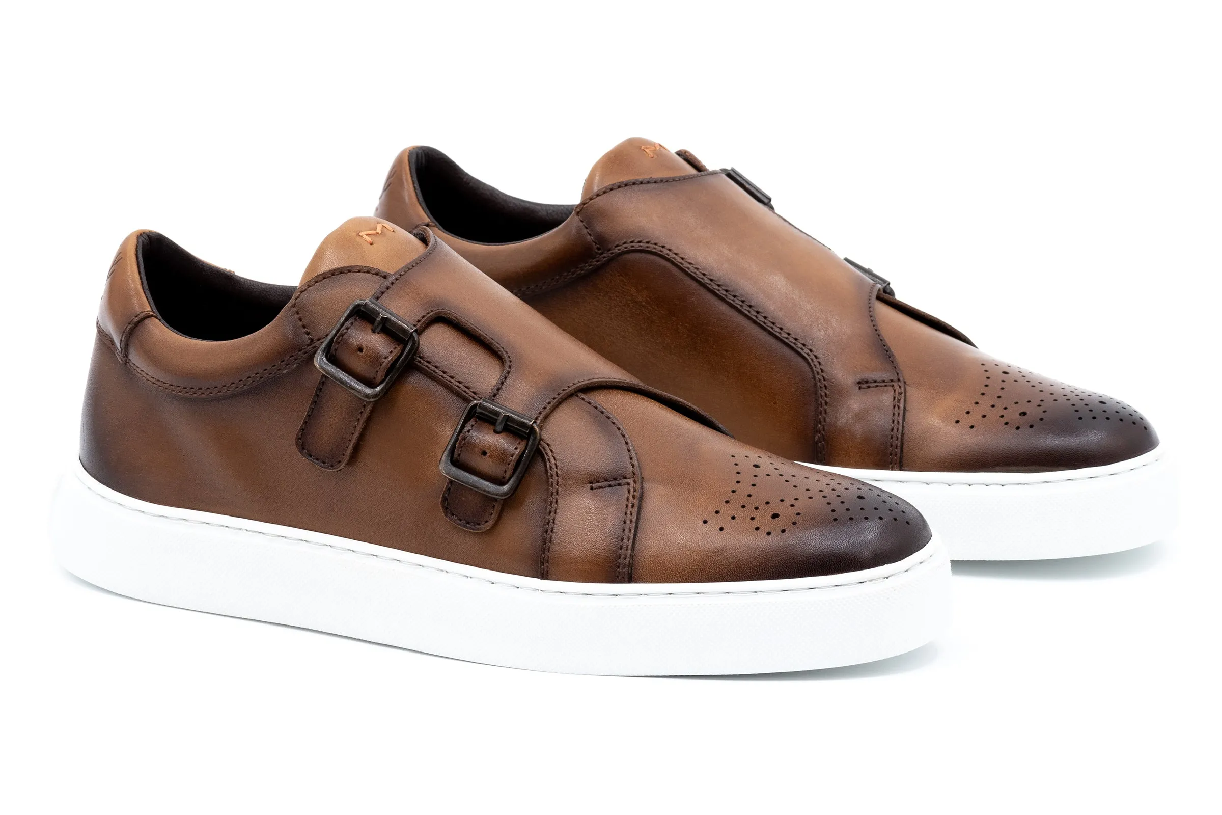 Lorenzo Calf Skin Double Monk Sneakers - Pecan