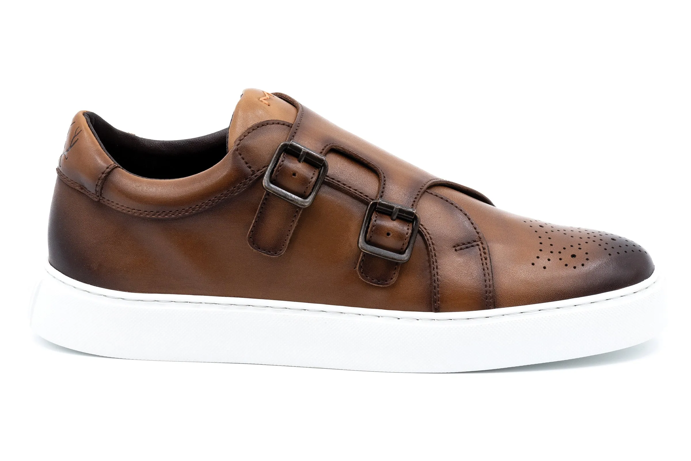 Lorenzo Calf Skin Double Monk Sneakers - Pecan