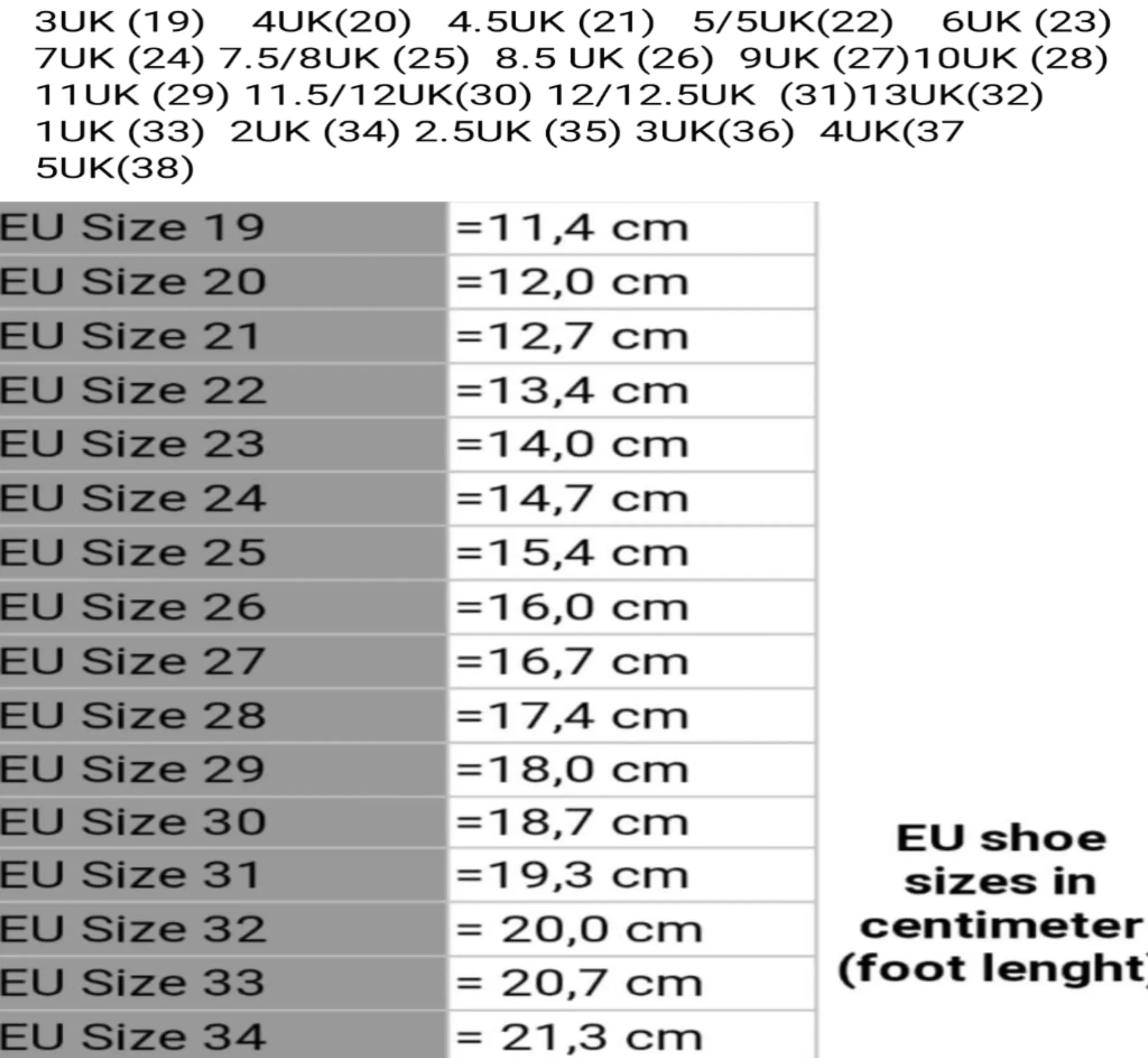 Measurements and Size Chart Footwear Guide