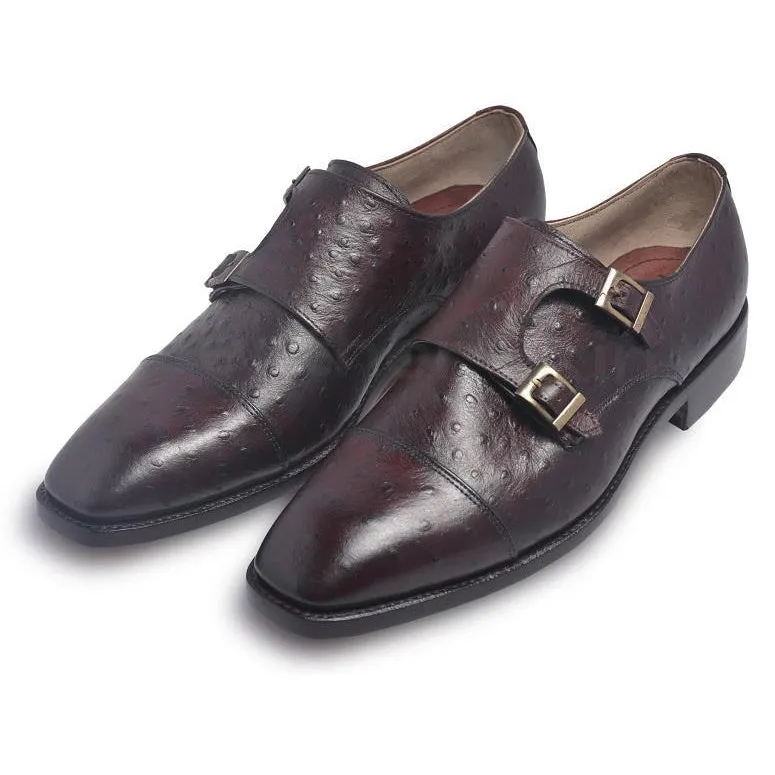 Men Distressed Dark Red Gold Monk Strap Genuine Leather Shoes