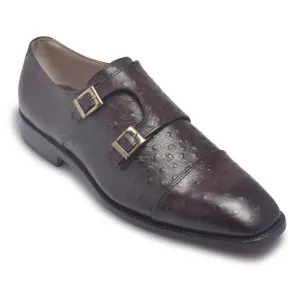 Men Distressed Dark Red Gold Monk Strap Genuine Leather Shoes