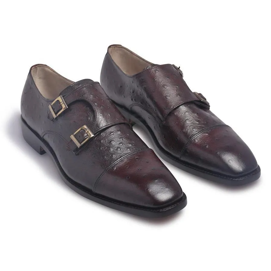 Men Distressed Dark Red Gold Monk Strap Genuine Leather Shoes