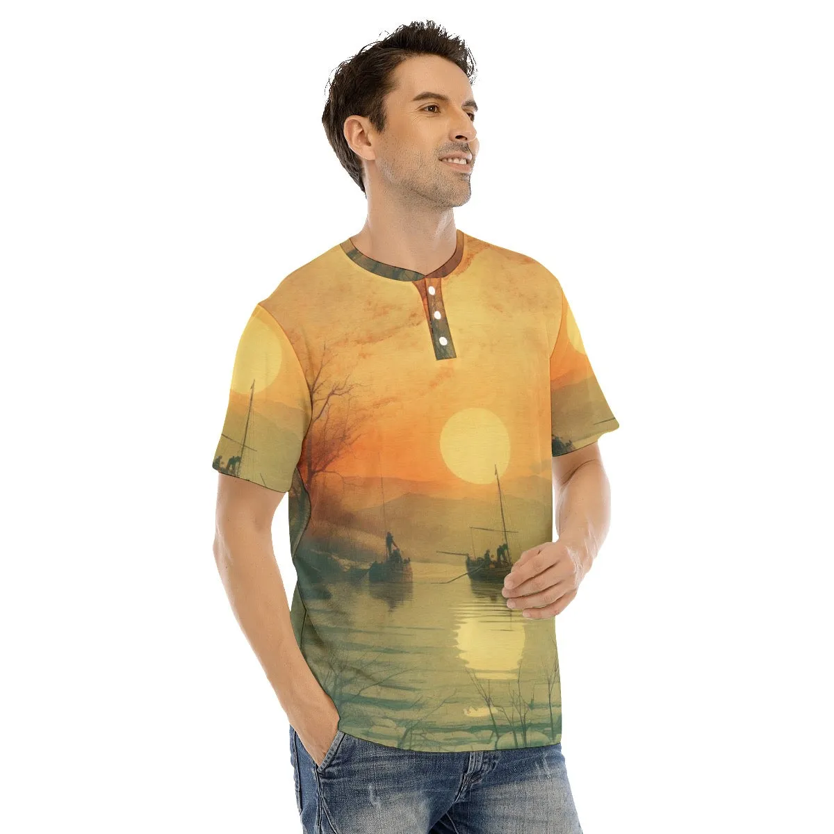 Men's Short Sleeve T-shirt With Button Closure #y108