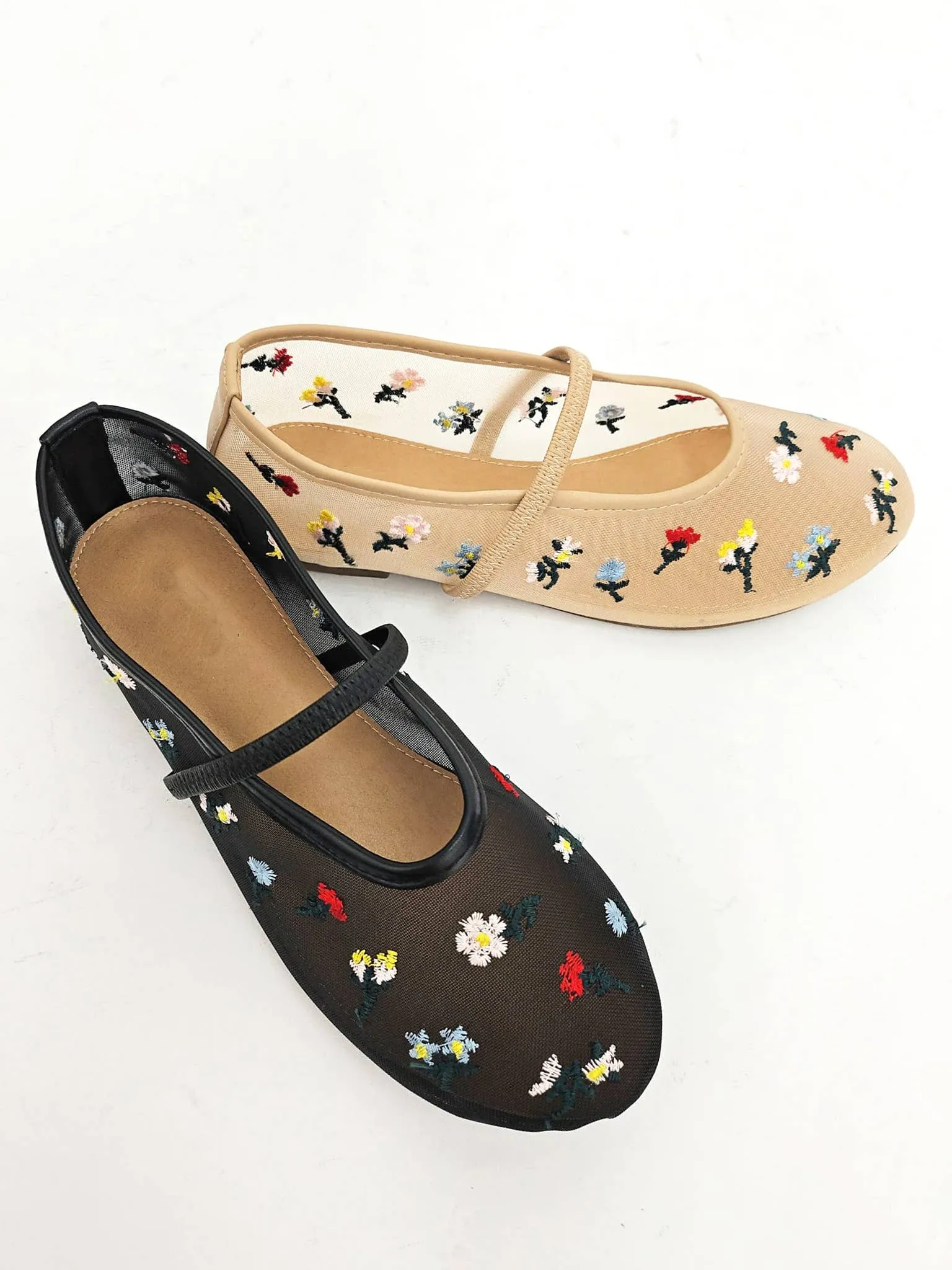 MESH UPPER FLOWER EMBROIDERY FLAT: NATURAL ONLY