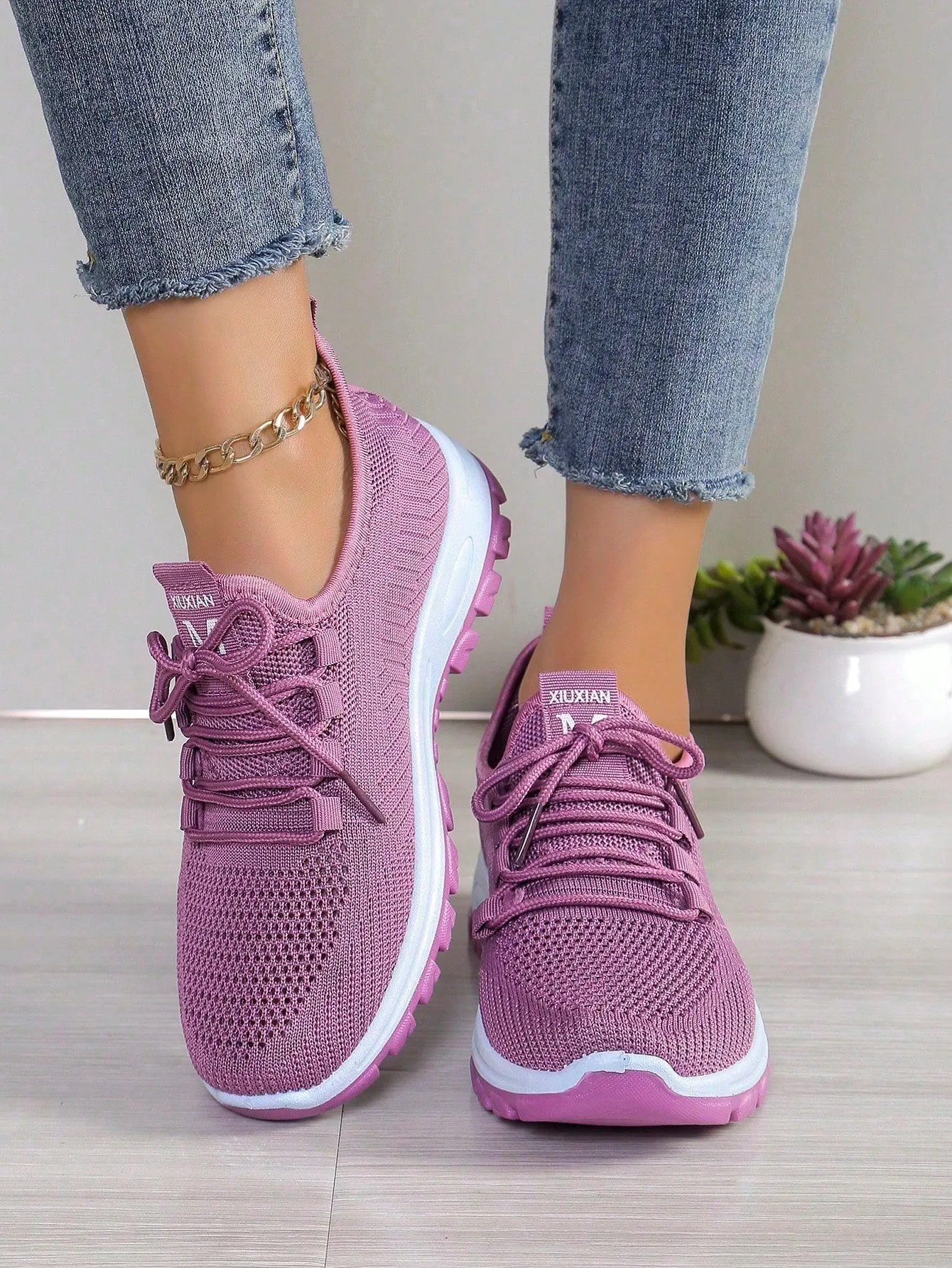 New Purple Solid Color Women's Sneakers, Knitted, Breathable, Suitable For School, Office, Running, Lightweight, Fitness, Hiking, Party, Dining, Shopping, Dating, Fashion Casual Flat Shoes