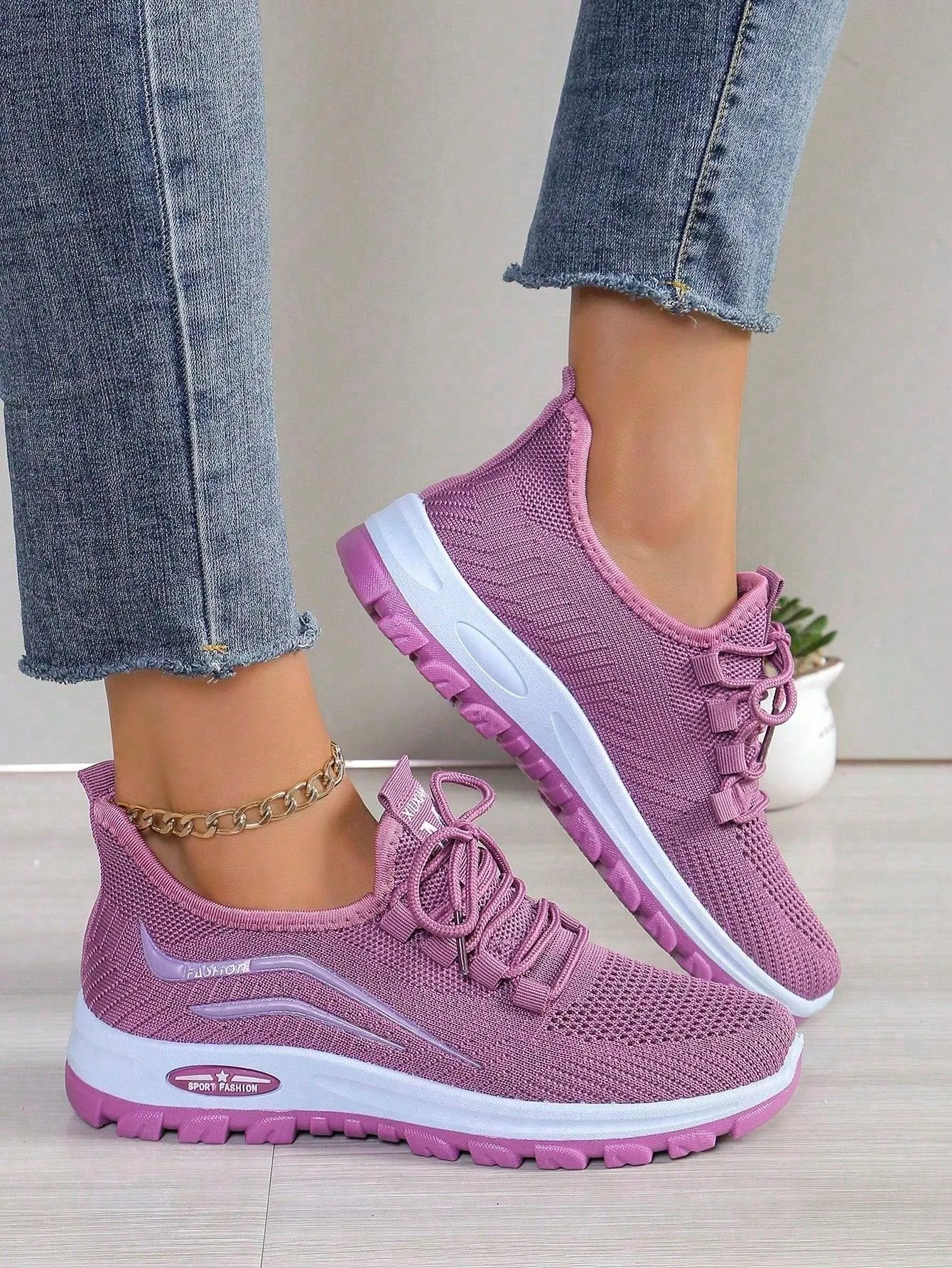 New Purple Solid Color Women's Sneakers, Knitted, Breathable, Suitable For School, Office, Running, Lightweight, Fitness, Hiking, Party, Dining, Shopping, Dating, Fashion Casual Flat Shoes