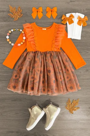 Orange Autumn Sunflower Tulle Dress