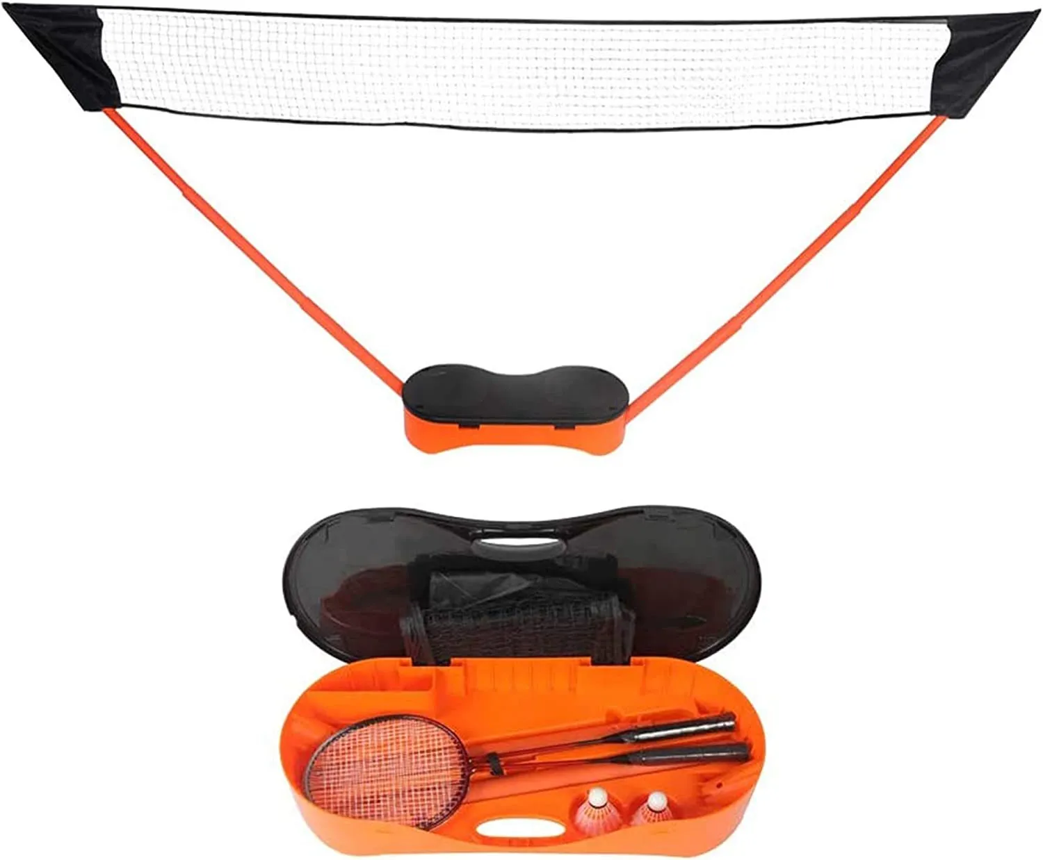 Portable Badminton Net Set Storage Box Base with 2 Battledores 2 Shuttlecocks Large, Orange