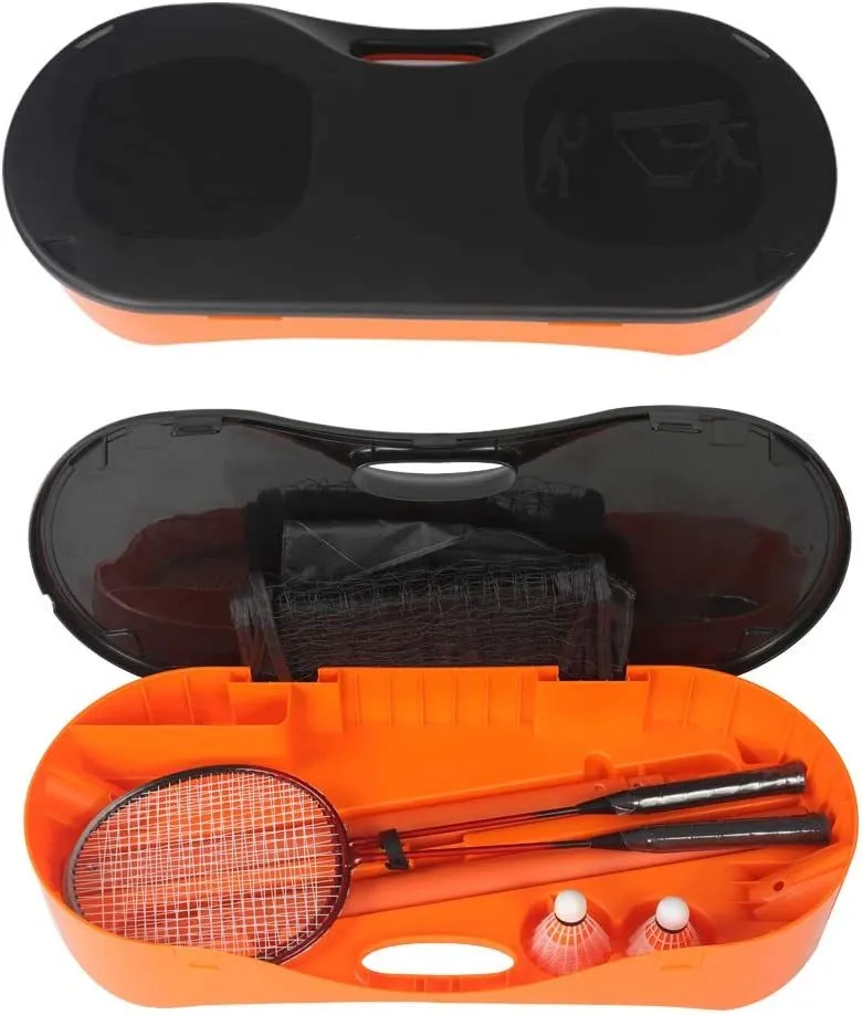 Portable Badminton Net Set Storage Box Base with 2 Battledores 2 Shuttlecocks Large, Orange