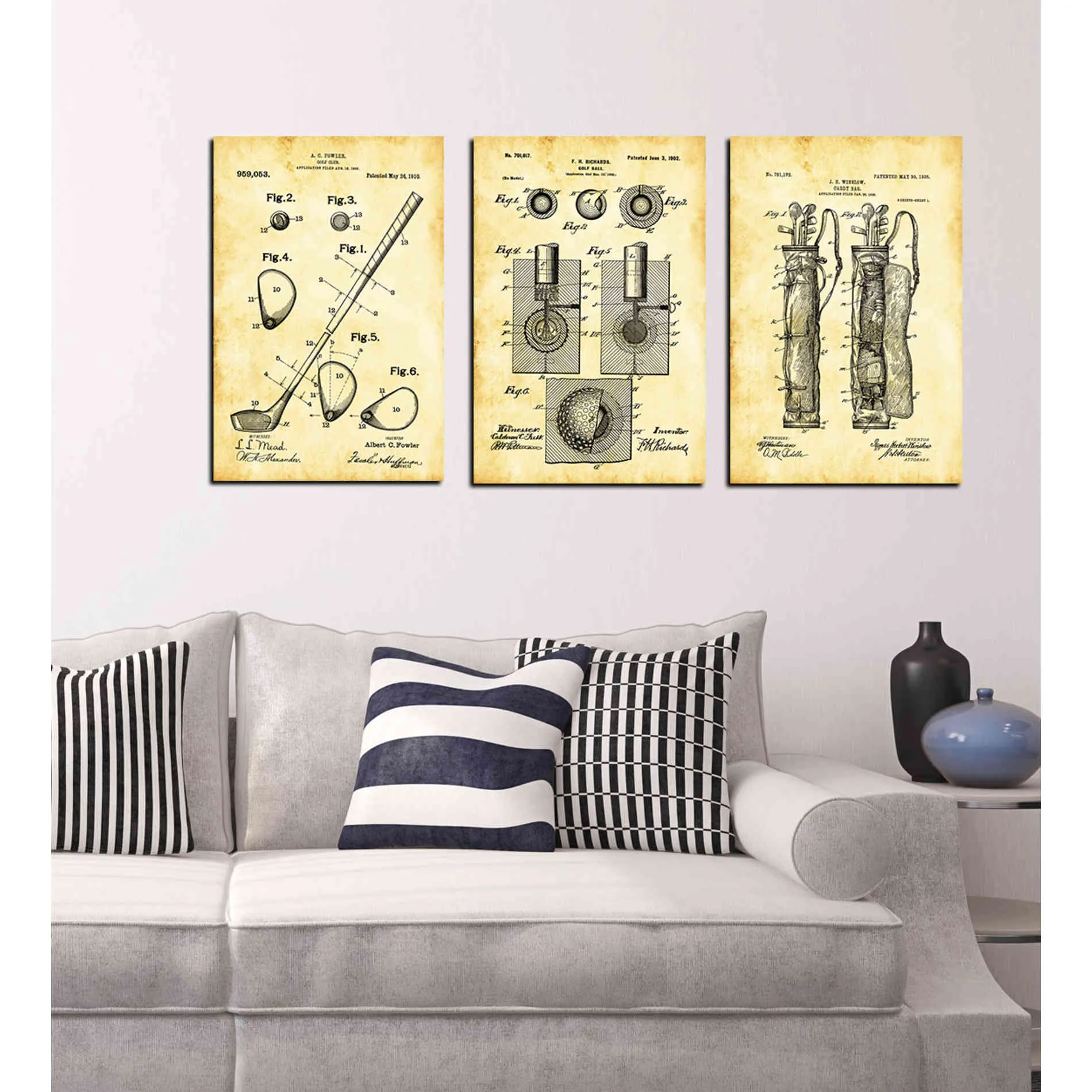 "Golf 3-Piece Set Vintage Patent Blueprint" Giclee Canvas Wall Art (Set of 3)