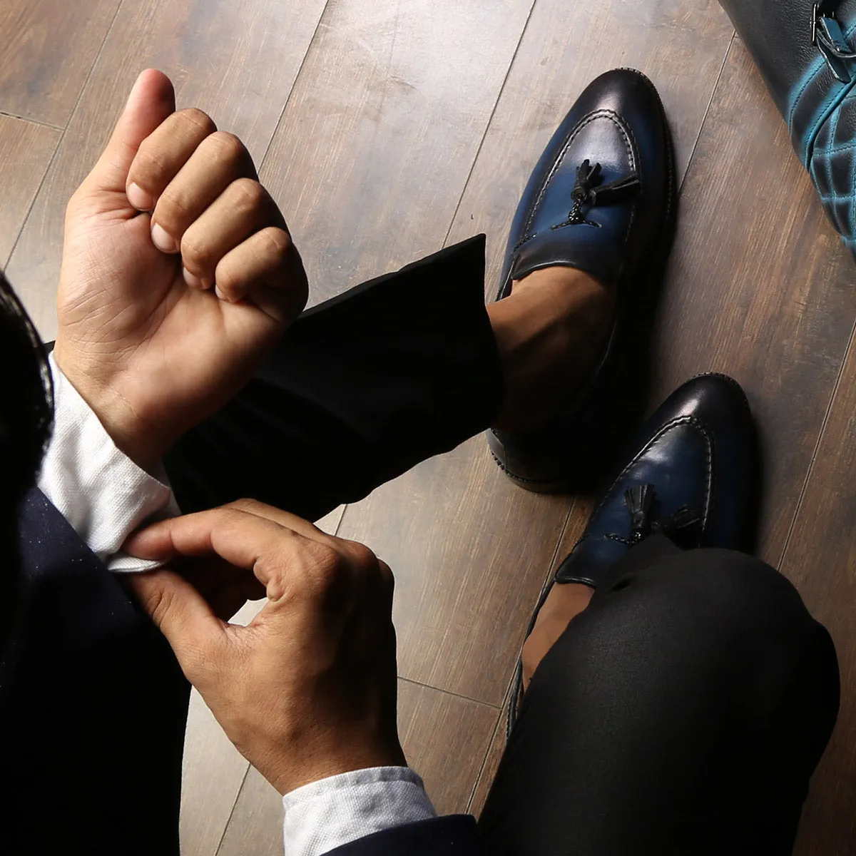 Side Lacing Tassel Loafers in Navy Blue Genuine Leather By Brune & Bareskin