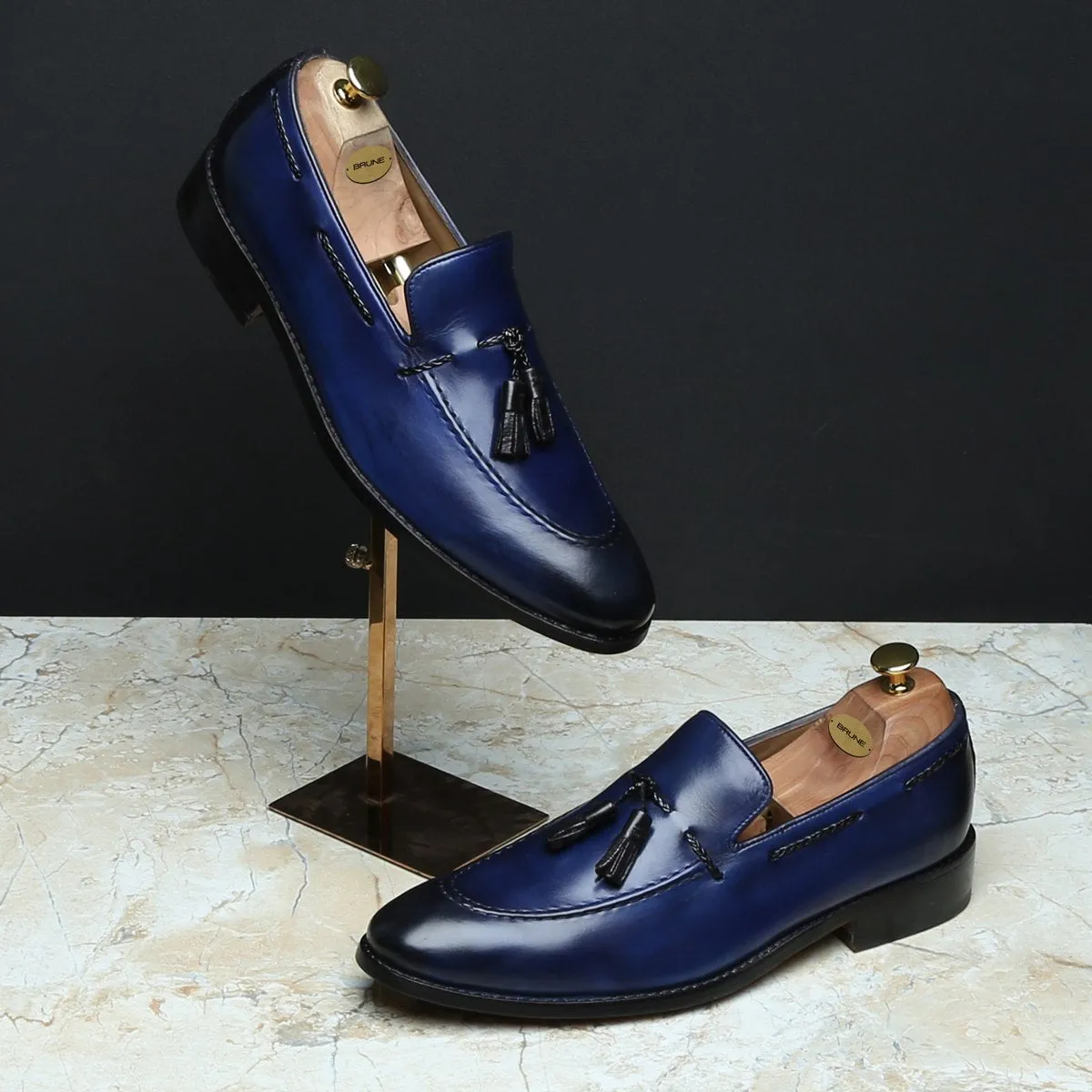 Side Lacing Tassel Loafers in Navy Blue Genuine Leather By Brune & Bareskin