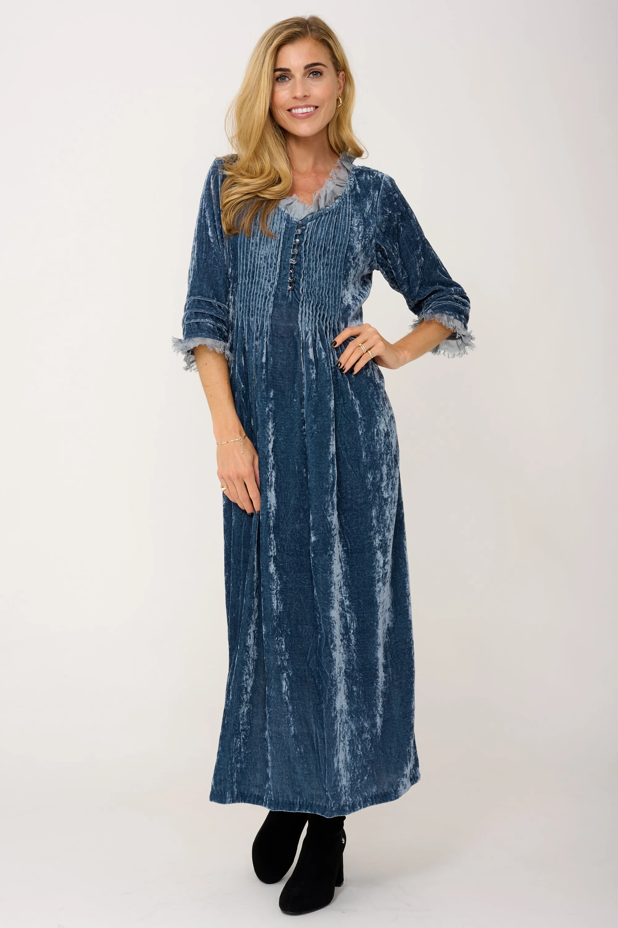 Silk Velvet Annabel Maxi Dress in Blue Grey