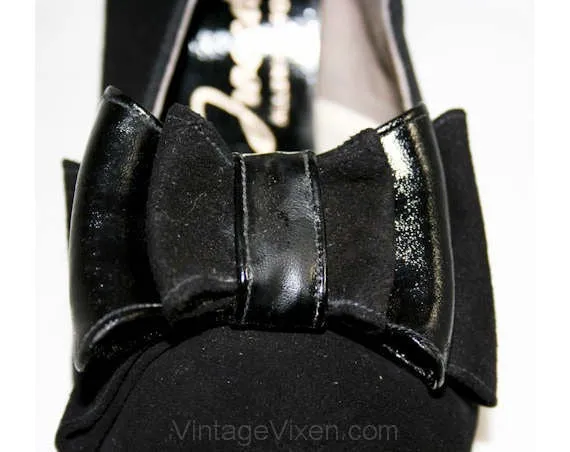 Size 5 1930s Black Suede Peep Toe Shoes with Bows - Glam Authentic 30s 40s High Heels - Hollywood Starlet Style NOS Deadstock - Unworn