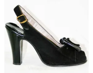 Size 5 1930s Black Suede Peep Toe Shoes with Bows - Glam Authentic 30s 40s High Heels - Hollywood Starlet Style NOS Deadstock - Unworn