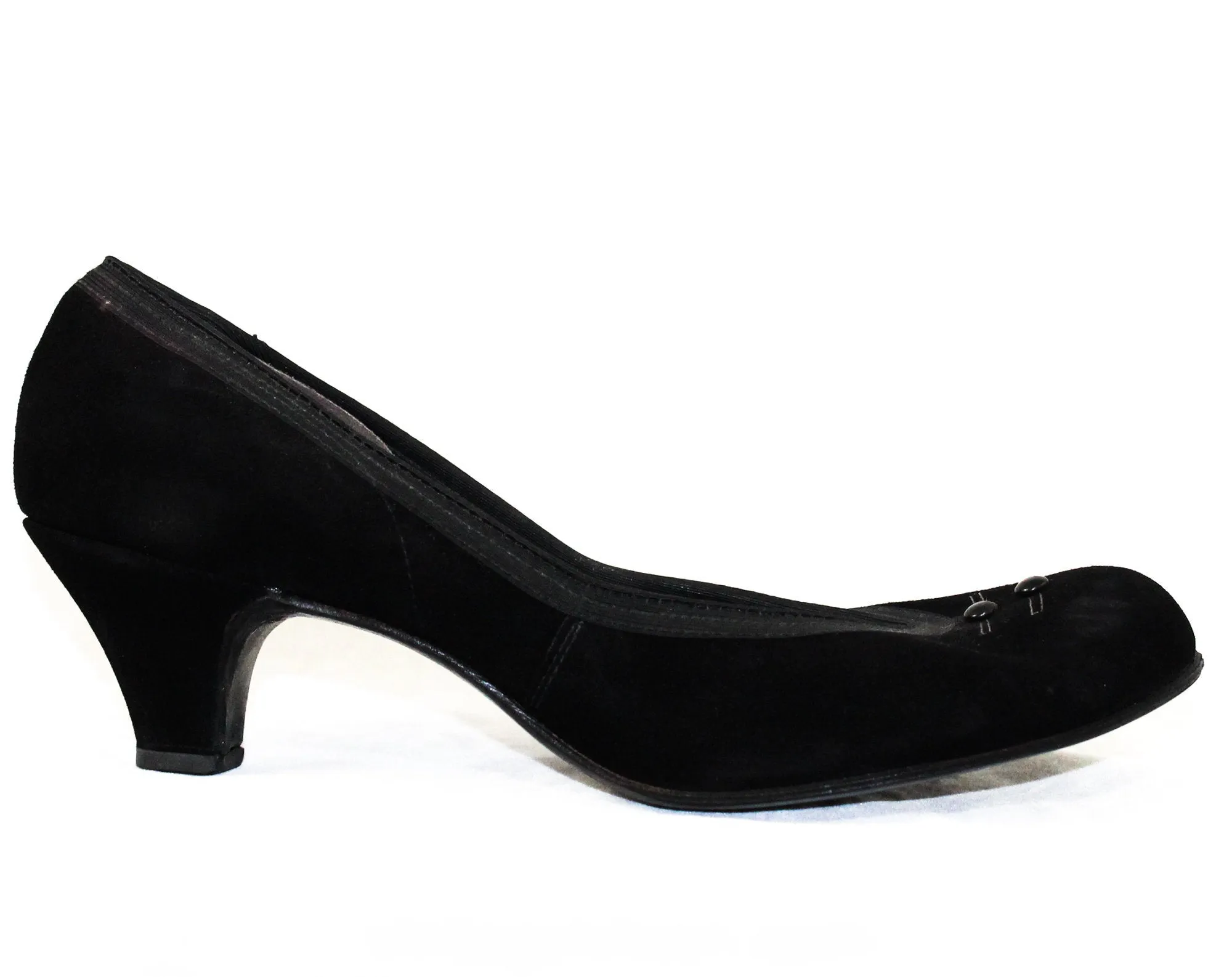 Size 6.5 1950s Black Shoes - Never Worn Sleek 50s Suede Pumps with Minimalist Detail - Size 6 1/2 Mid Century Kitten Heels - 50's Deadstock