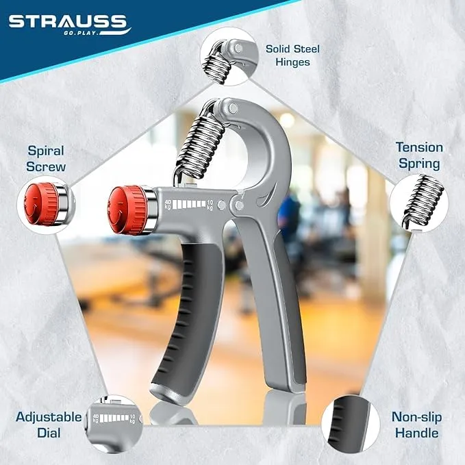 Strauss Adjustable Hand Grip | Adjustable Resistance (10KG - 40KG) | Hand Gripper for Home & Gym Workouts | Perfect for Finger & Forearm Hand Exercises for Men & Women (Black/Grey) | Pack of 50