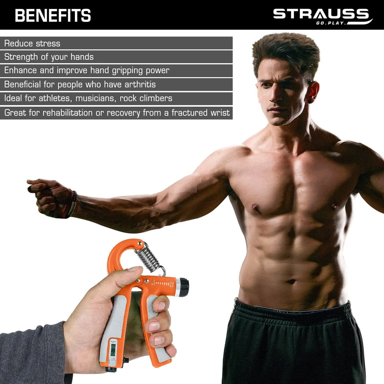 Strauss Adjustable Hand Grip Strengthener with Counter Meter Orange (Pack of 2)