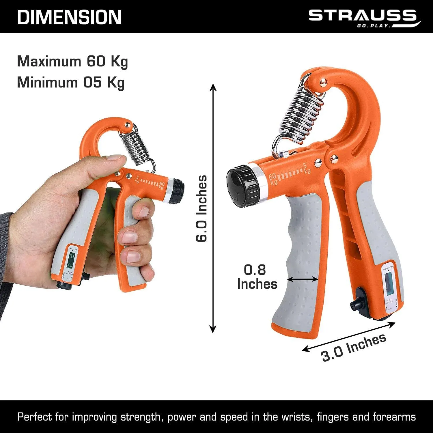 Strauss Adjustable Hand Grip Strengthener with Counter Meter Orange (Pack of 2)