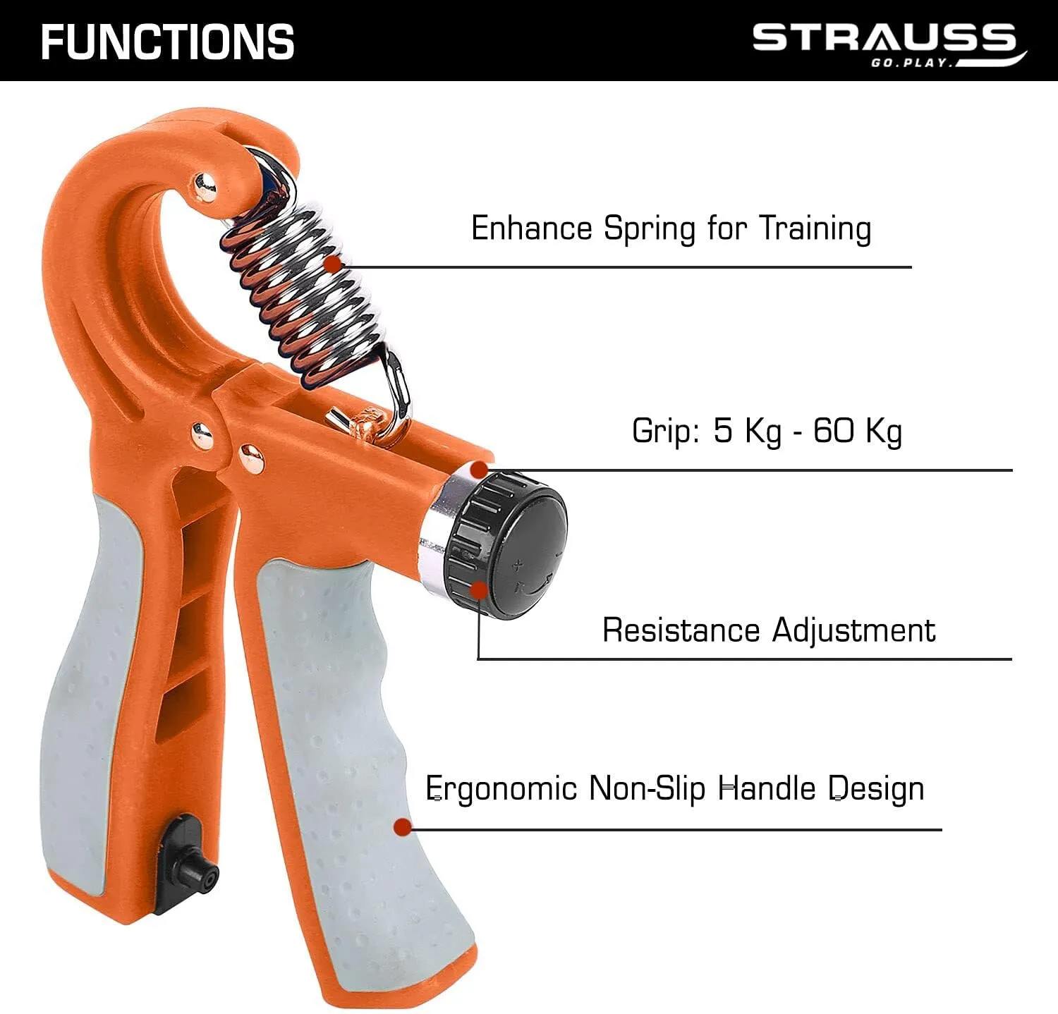 Strauss Adjustable Hand Grip Strengthener with Counter Meter Orange (Pack of 2)