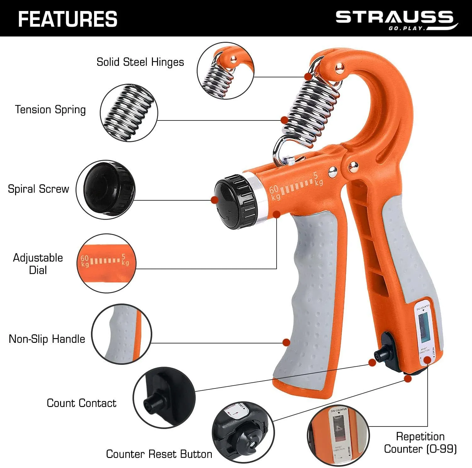 Strauss Adjustable Hand Grip Strengthener with Counter Meter Orange (Pack of 2)